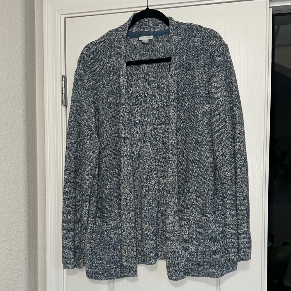 Pure Jill Open-Front Women's Blue Gray White Marled Cardigan Sweater size Large